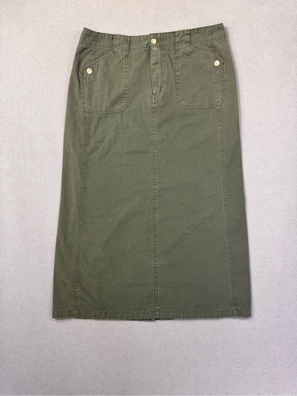 White Stag Olive Green Utility Midi Skirt, Button Fly and Pockets, Back Slit, 10